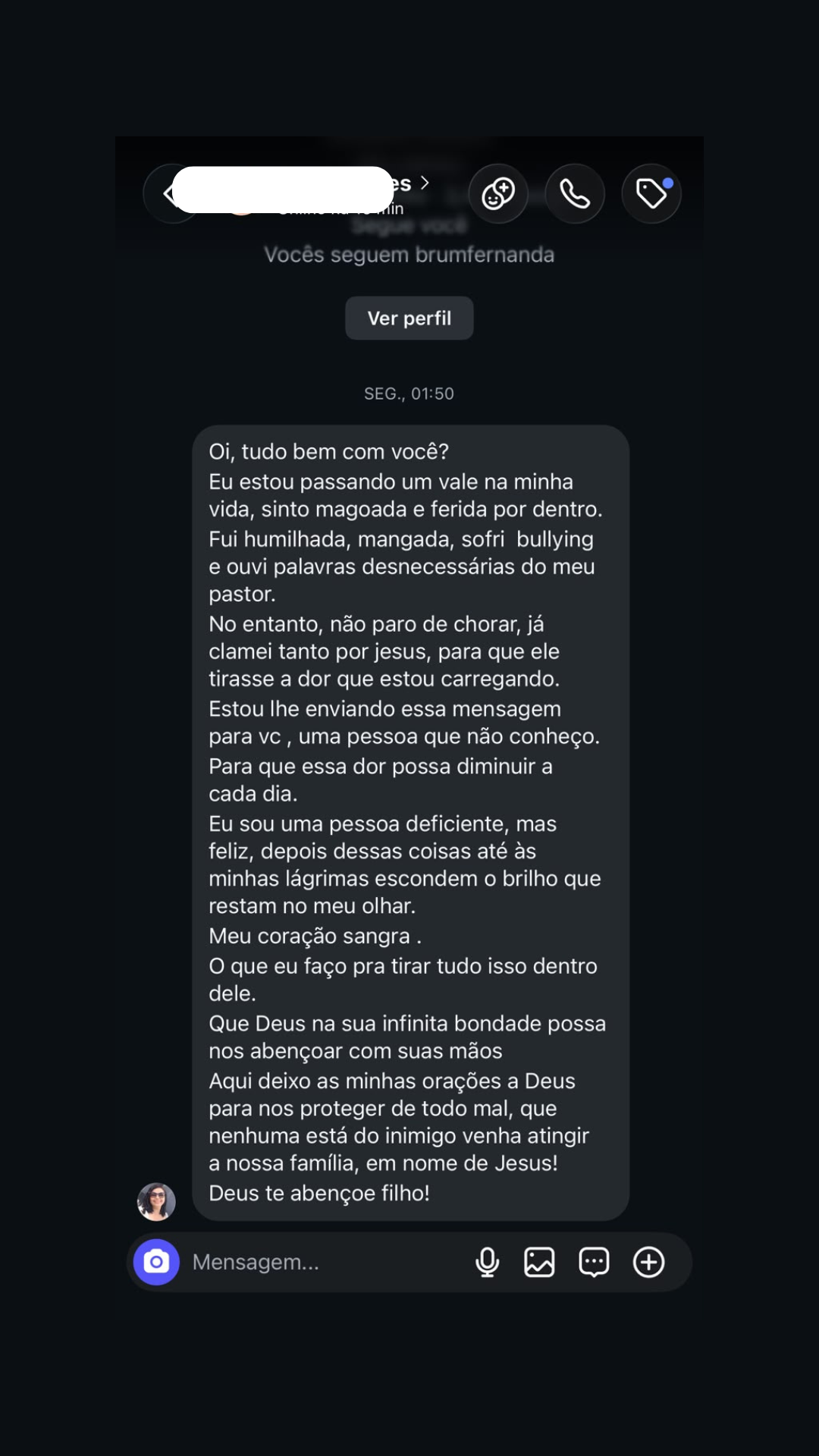 Print de mensagem real recebida no Instagram por Pr. Hidelbrano Junior