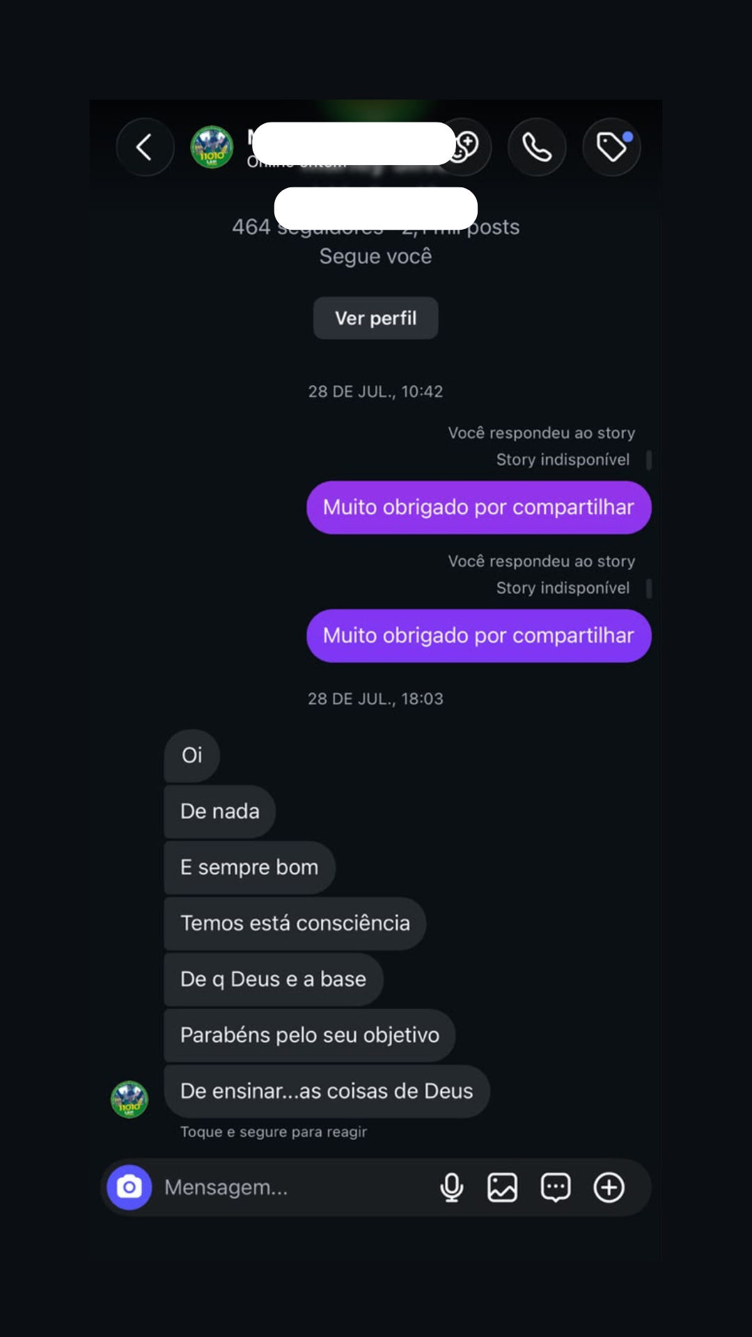 Print de conversa real no Instagram elogiando o ensino de Pr. Hidelbrano Junior