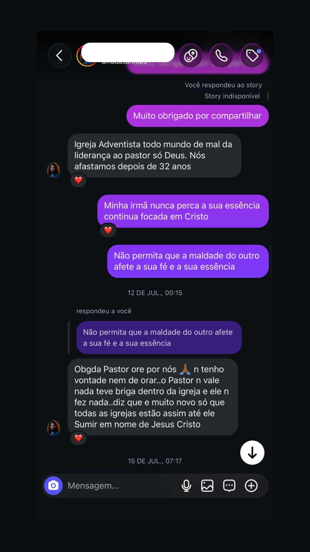 Print de conversa real no Instagram de irmã que se afastou da igreja após 32 anos