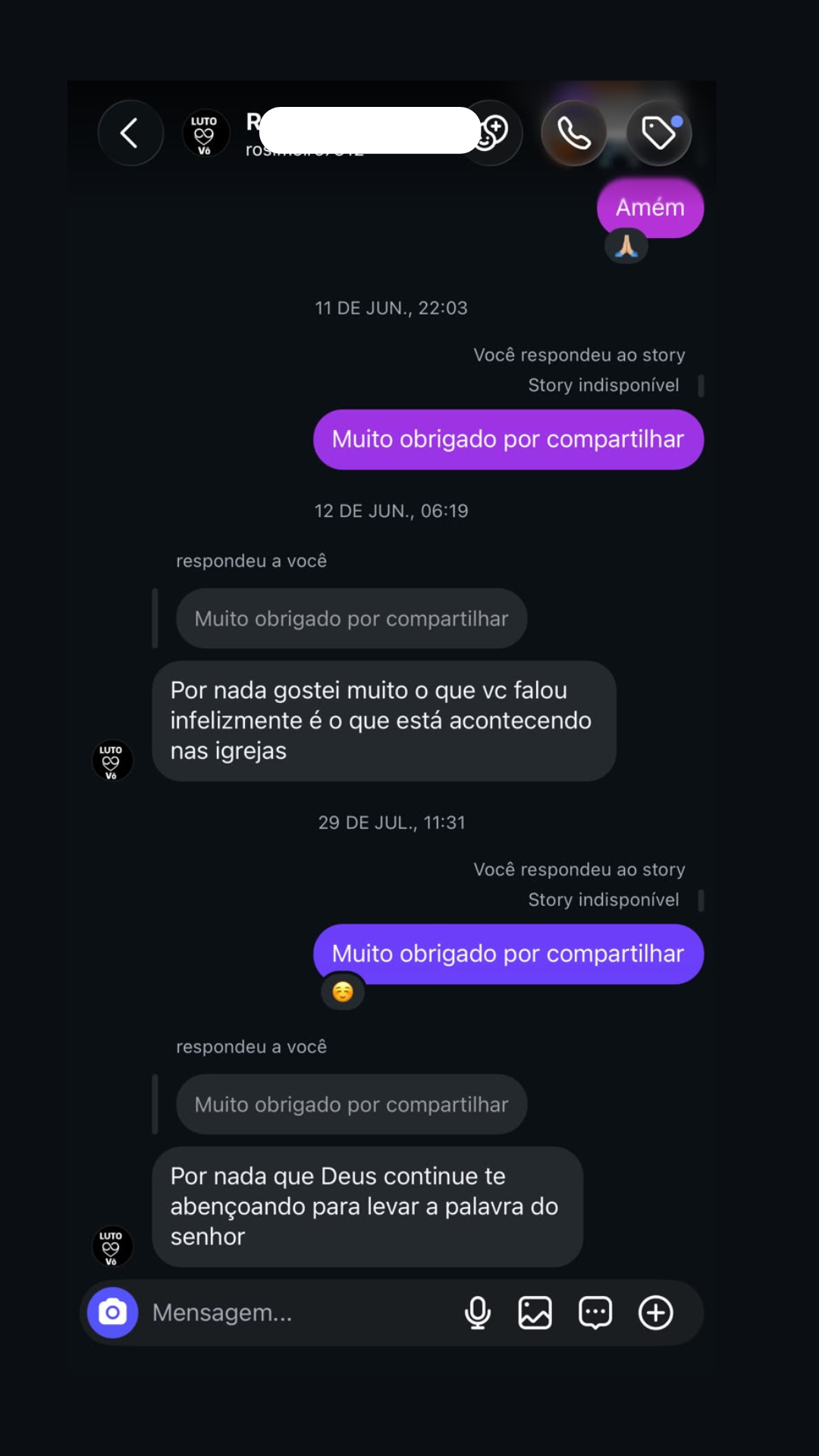 Print de conversa real no Instagram sobre o que está acontecendo nas igrejas