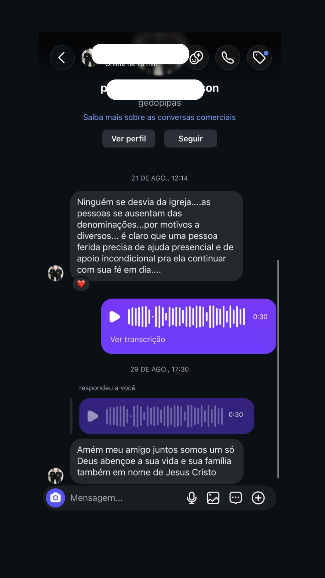 Print de conversa real no Instagram sobre pessoas que se afastam das denominações